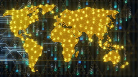 global network connections and data processing animation over world map