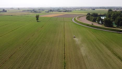 Drone-on-a-corn-field-with-tractors-near-Tagliamento