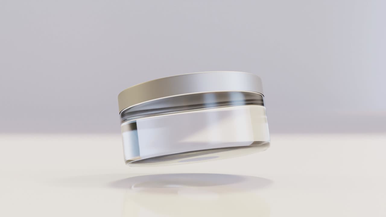 유리 화장품 빈 항아리, 로션 포장, 병이 공중에 천천히 회전하는 루프 애니메이션, 여성 화장품 스킨 케어, 패키지 미용 제품 레이아웃 플, 루마 매트, 현실적인 3d 렌더링