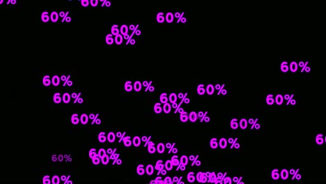 neon number 60 percent sign symbol modern animation moving up on black background,glowing and shining for video elements business concept