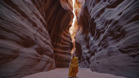 buddhist monk in an orange robe meditating peacefully within a narrow sandstone canyon, sunlight streaming through the opening above, creating a serene atmosphere of tranquility and mindfulness