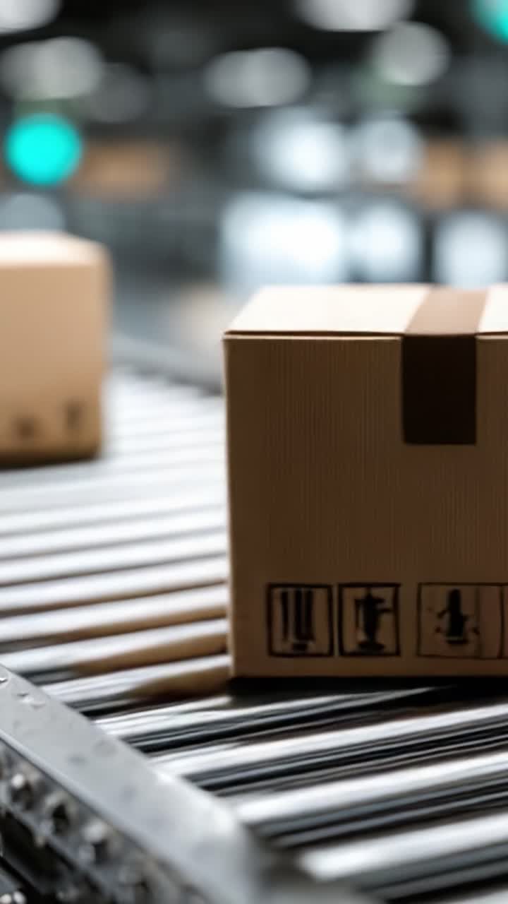Efficient Packaging and Distribution: A Close-up View of Cardboard Boxes on a Conveyor Belt in a Modern Warehouse Environment