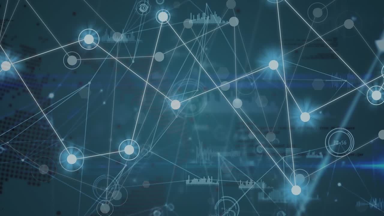 Animation af forbindelser og data over en globus i et marineblåt digitalt rum.