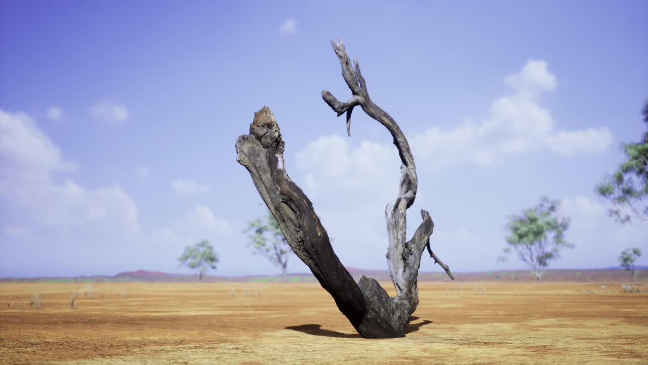 Dried tree trunk stands alone in a vast arid landscape under blue skies