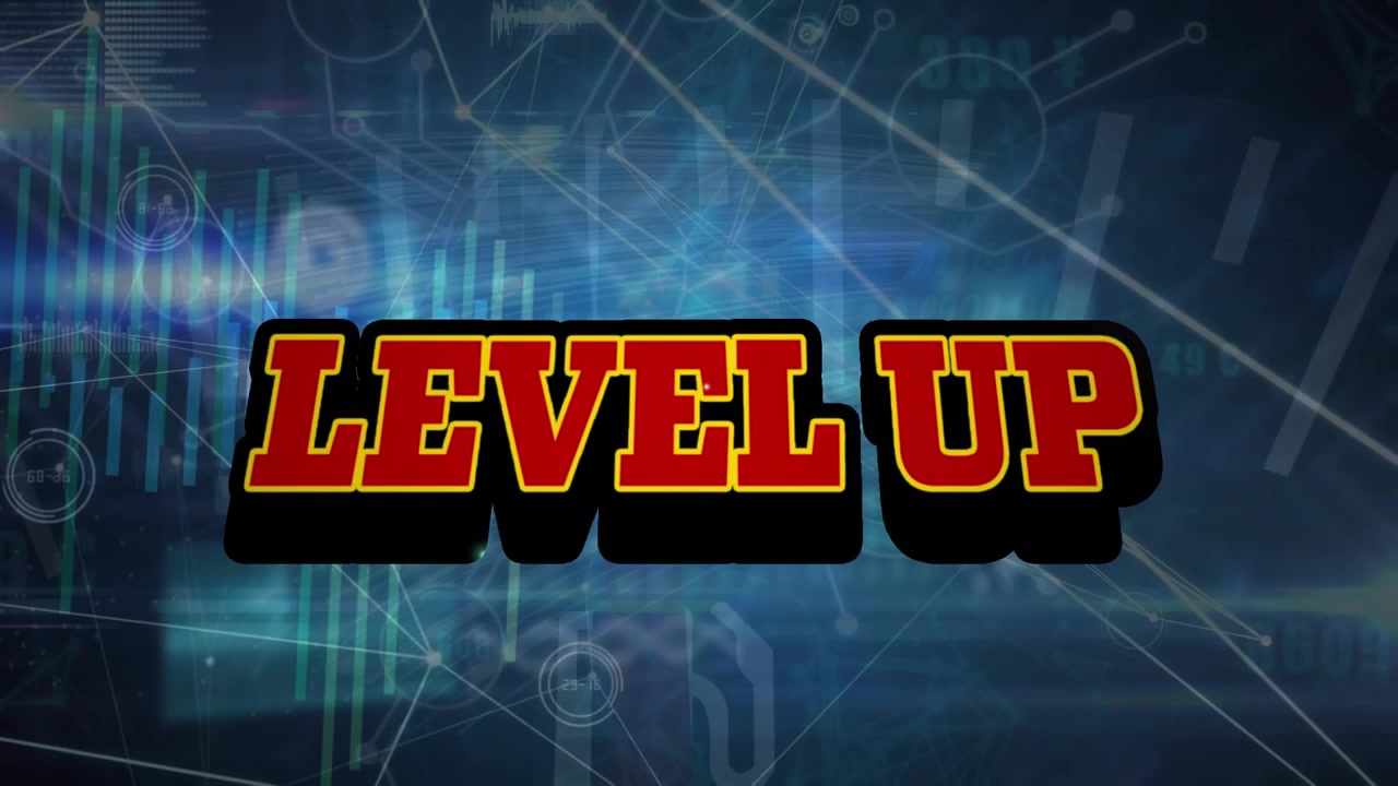 Animation of level up text, network of connections with icons over data processing