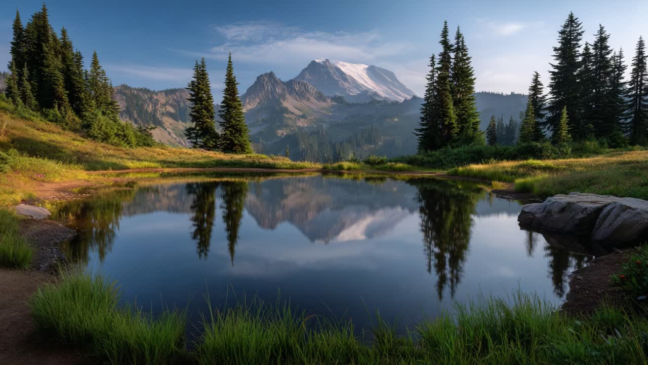 Breathtaking Mountain Reflection in a Serene Lake Surrounded by Lush Greenery and Majestic Pine Trees Under a Clear Blue Sky at Dawn