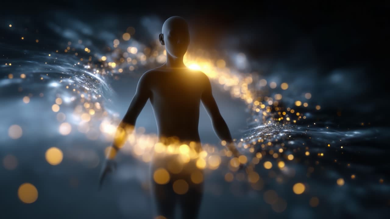 A mystic figure emerges surrounded by swirling golden light and shimmering particles, embodying a blend of art and technology in a captivating visual display