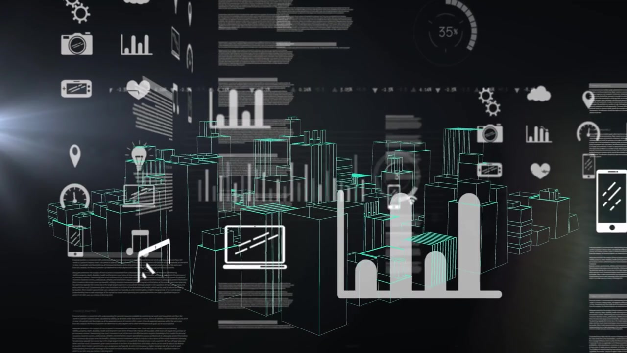 Layered teal wireframe city data viz opening from left lens flare, spawning icons to show network