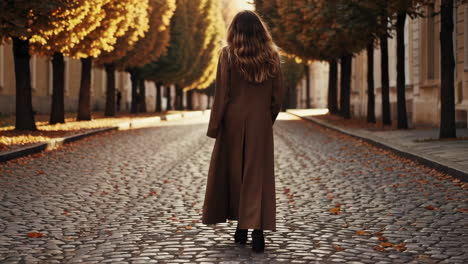 woman walking on a cobblestone street in autumn