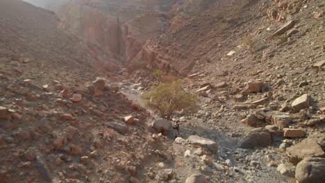 Vista-De-Pájaro-Desde-Drones-De-Turistas-Caminando-En-Montañas-Rocosas,-Emiratos-árabes-Unidos