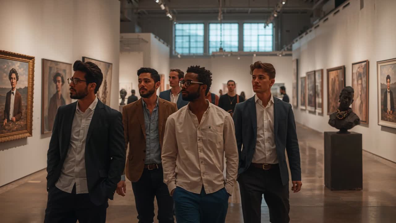 Diversos colegas masculinos na faixa dos 20-30 anos entrando em uma galeria, passando por pinturas e bustos, e apreciando a arte.
