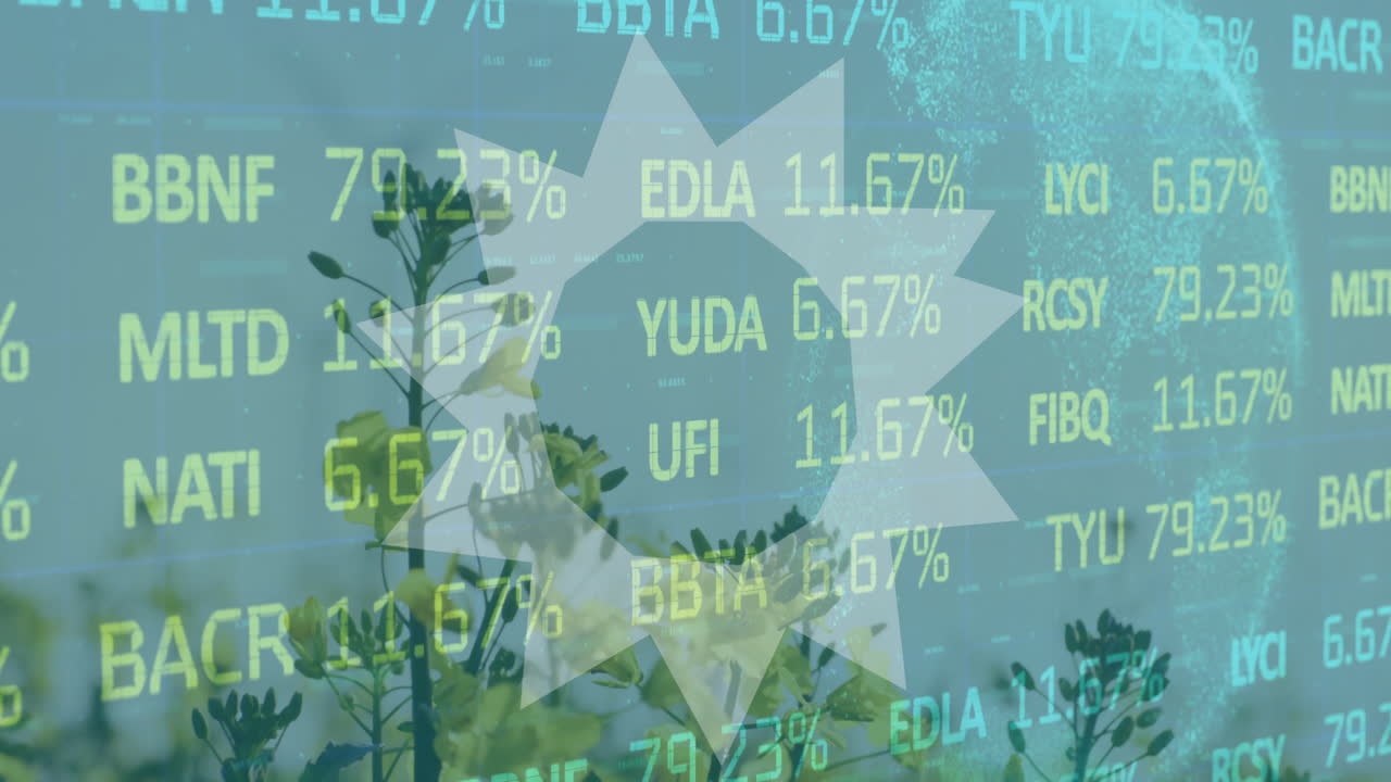 Blooming flowers with stock market data overlay, symbolizing growth and nature