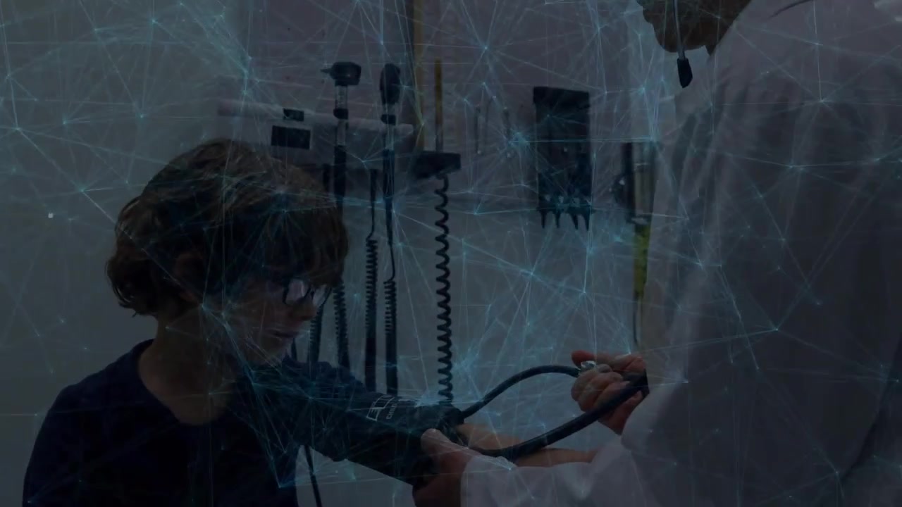 Child extending arm, doctor placing BP cuff and stethoscope, measuring BP under bluish overlay
