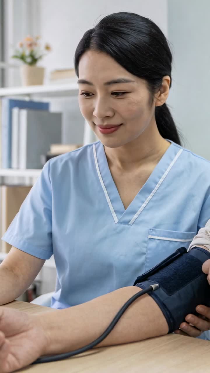 Video verticale: Infermiera in divisa che controlla un tubicino sul braccio in clinica dopo aver posizionato il bracciale, annotando la lettura