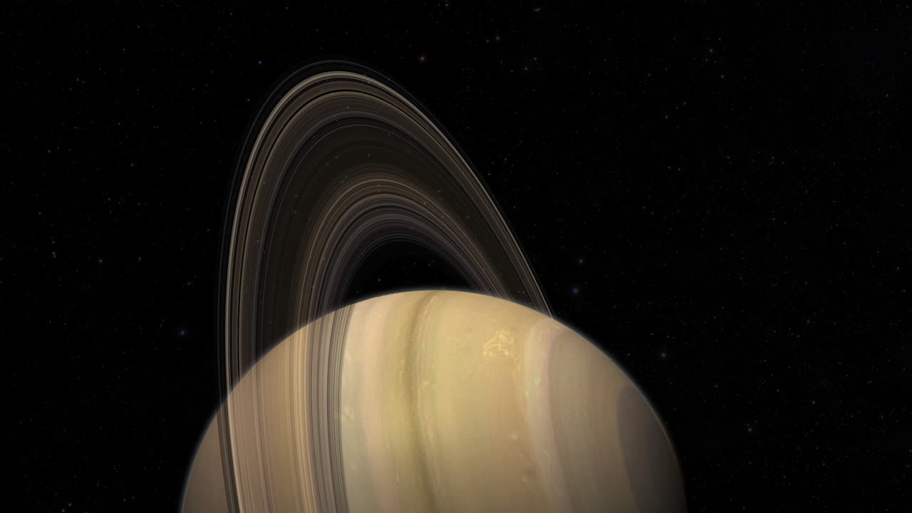 compuesto cgi: volando sobre el planeta saturno con anillos