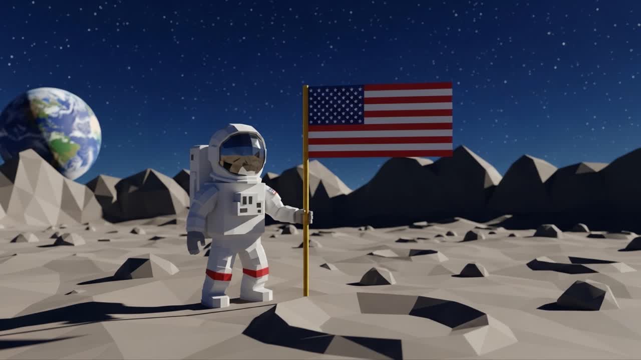 A Bold Journey into Space: A Cartoonish Astronaut Standing Proudly on the Moon's Surface, Holding the United States Flag Against a Starry Background
