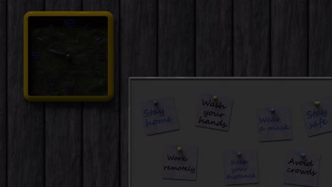 3d looped animation of day and night changes. a clock and an information board with notes on the wall. time moving concept during quarantine. important information about protection against coronavirus