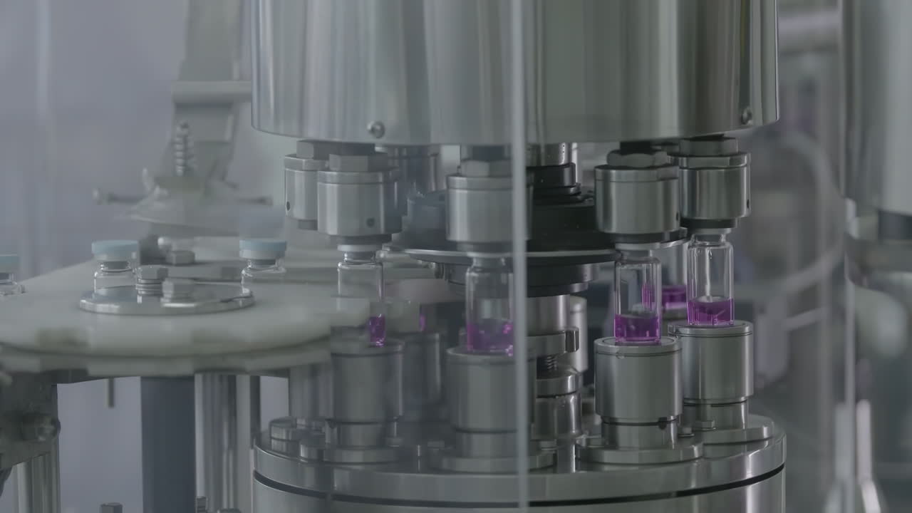 Automated pharmaceutical production line with medical vials filled with liquid on conveyor belt production line in modern medicine manufacturing environment