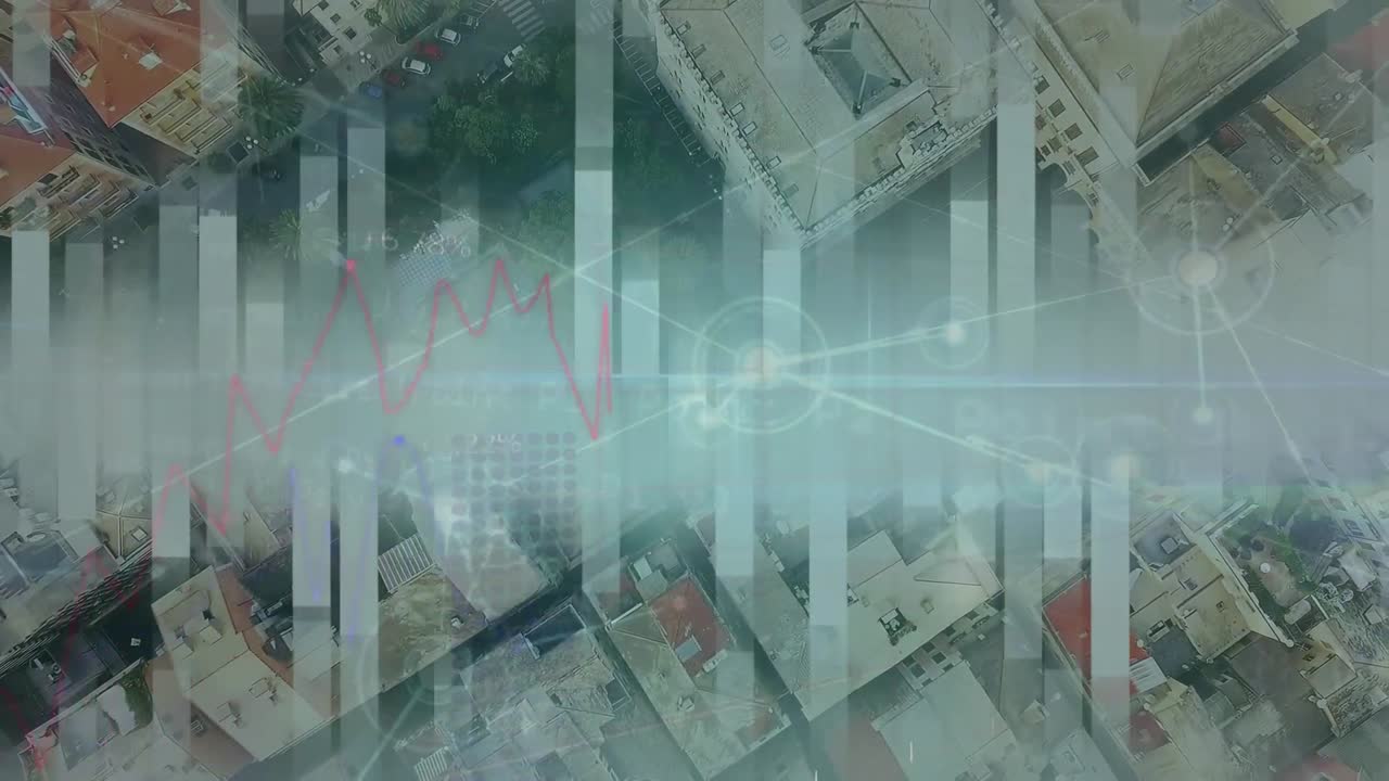 animación de la red de conexiones y procesamiento de datos estadísticos sobre una vista aérea del paisaje urbano