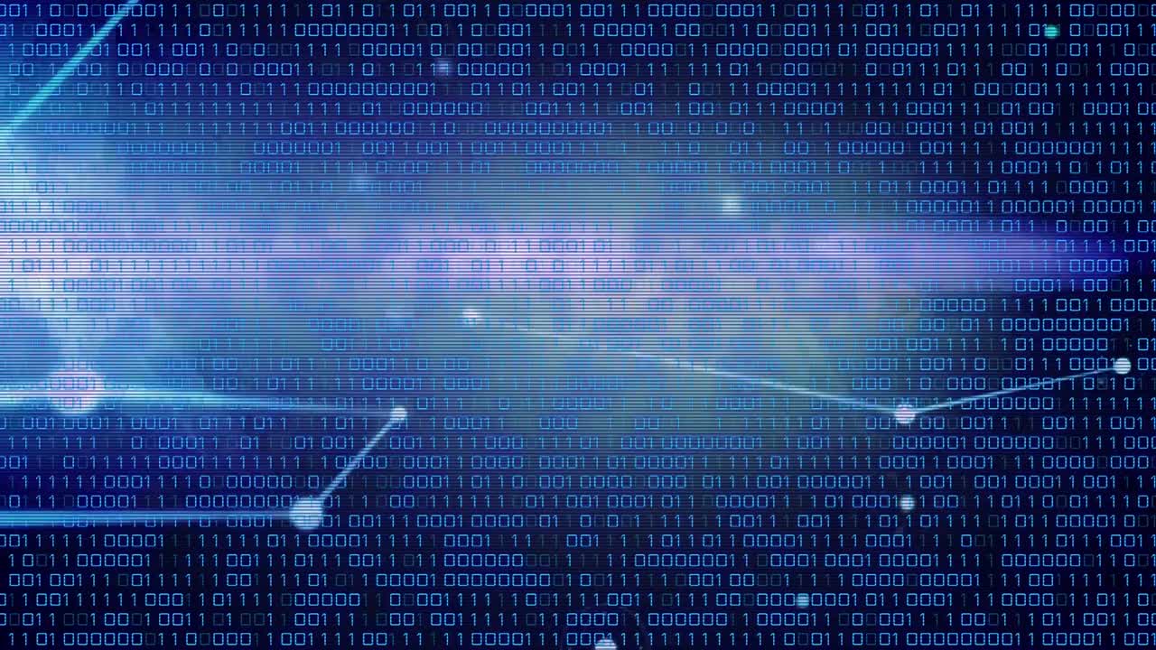 Glowing network of connections over binary coding data processing against blue background