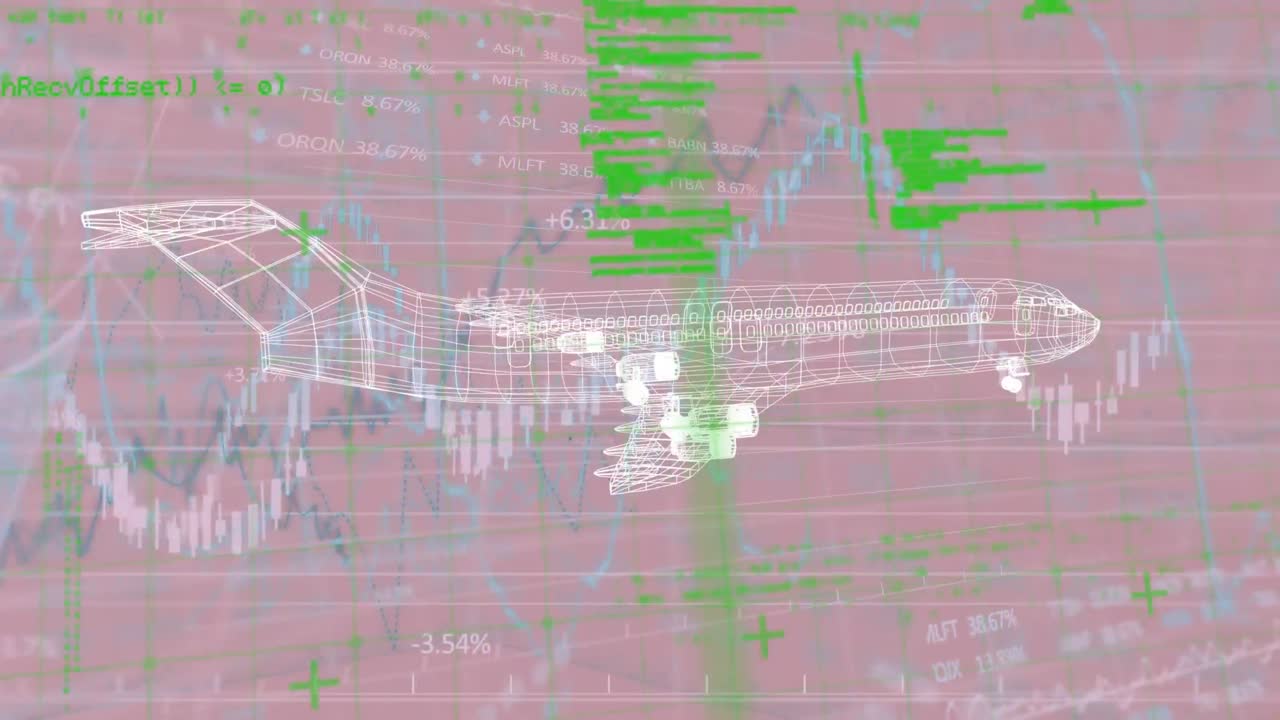 그래프를 통해 컴퓨터 언어의 애니메이션, 비행기의 3d 모델에 대한 거래 보드