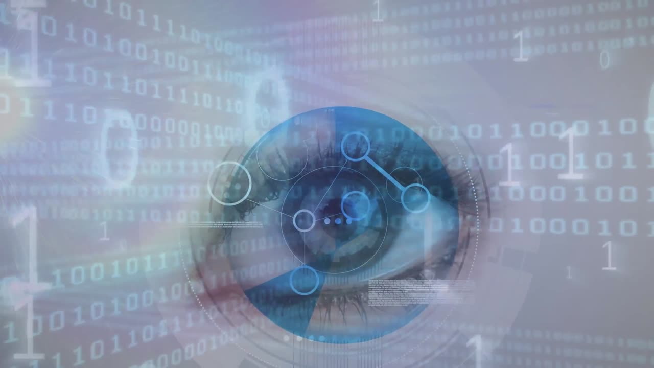 Animation of binary coding with network of connections over woman's eye