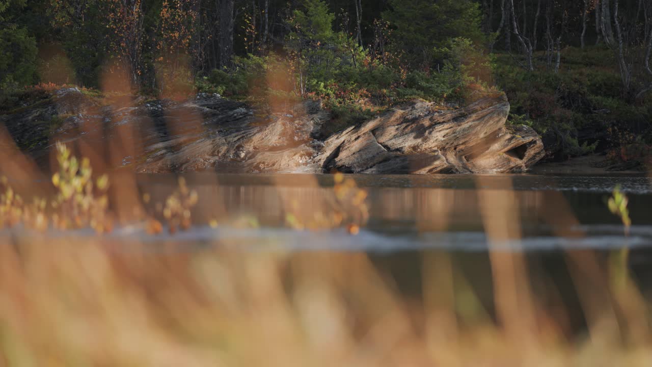 Rauhallinen järvi, jonka kallioiset rannat ovat sammalen, ruohon ja eloisien syyspuiden koristamia, luo maalauksellisen näkymän.
