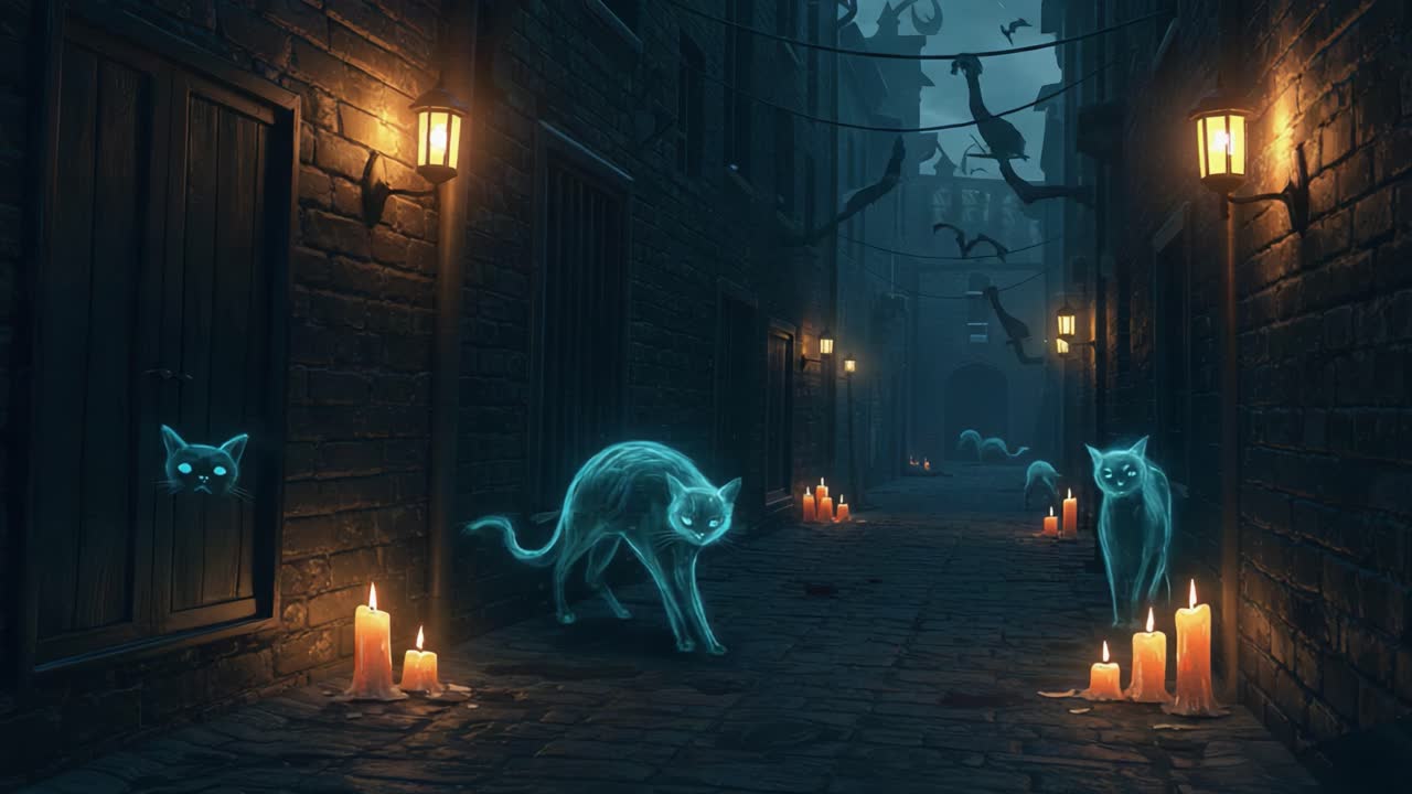 Ethereal Ghost Cats Roaming a Mystical Alley Lit by Flickering Candlelight, Surrounded by Shadows and Whispering Bats in a Hauntingly Beautiful Atmosphere