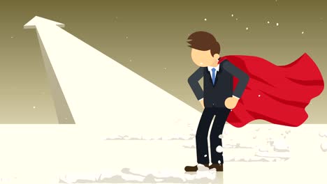 arrow graph up. superhero standing near a cloud of dust. business symbol. leadership and challenge concept. comic loop animation.