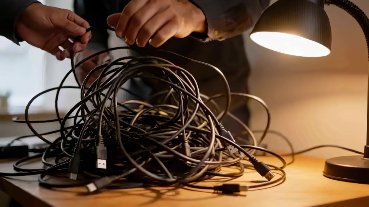 Reaching coworkers in long sleeves untangling black USB cables on wooden desk for setup