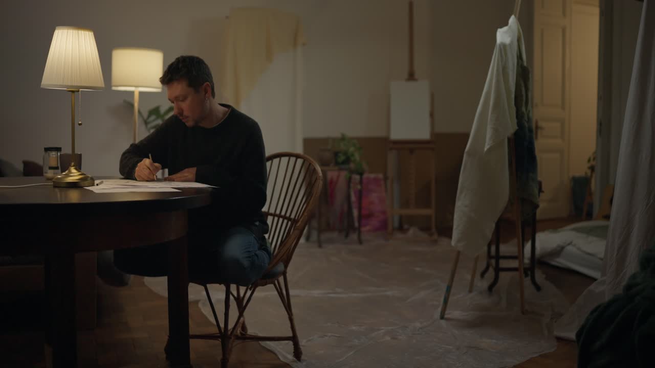 Artist working on a drawing in a home studio at night