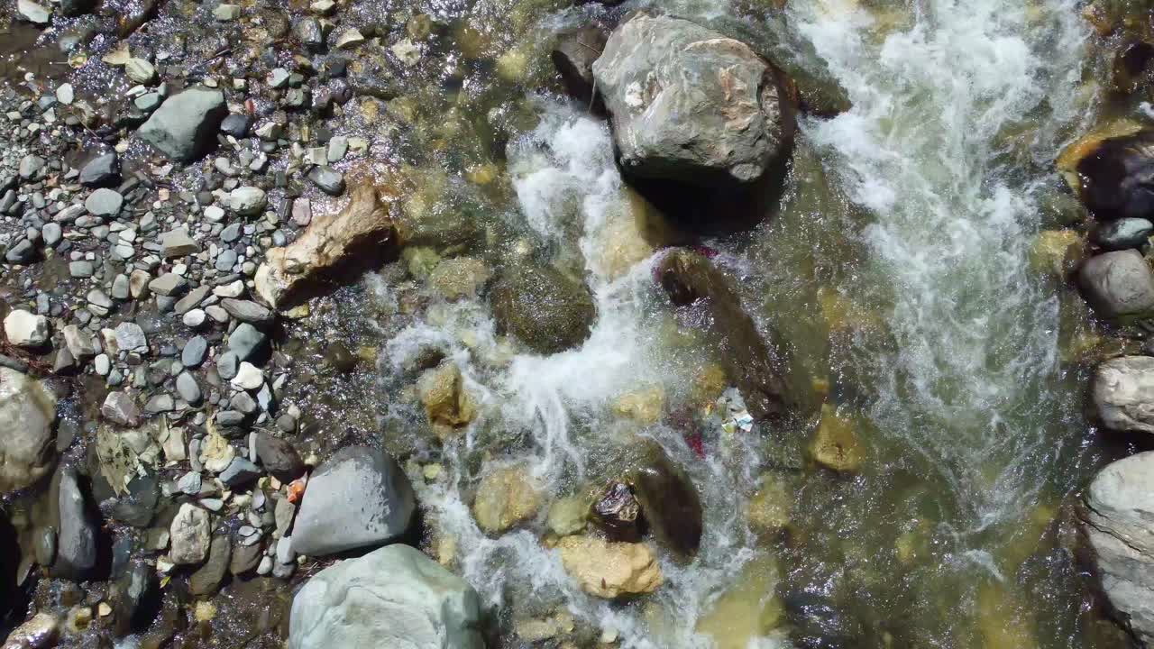 Drone view shot of a rushing river.