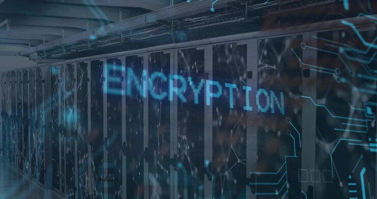 Animation of encryption text over data processing and computer motherboard and servers
