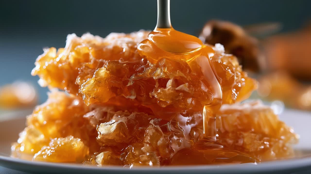 Delizioso Miele che Gocciola dal Favo in Primo Piano, Evidenziando la Ricchezza Dorata e la Consistenza del Fresco Favetto su un Piatto
