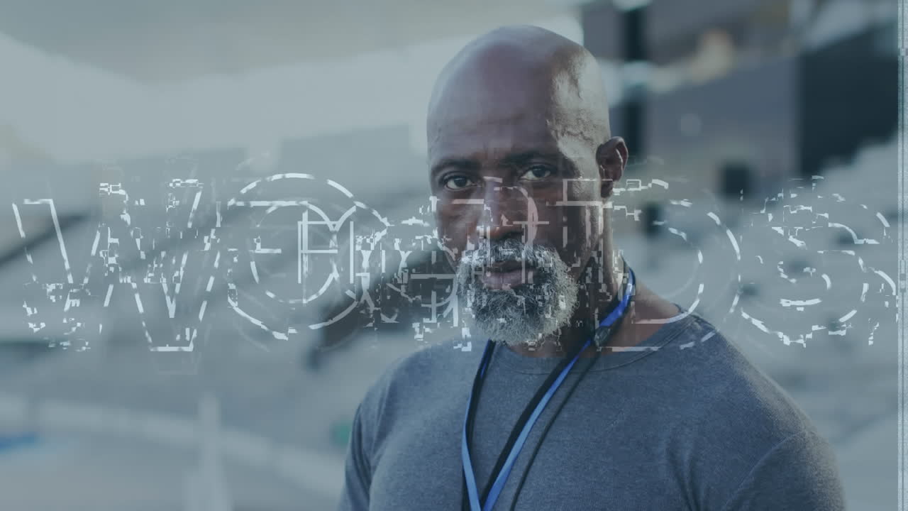 Animation of fight text over african american male coach