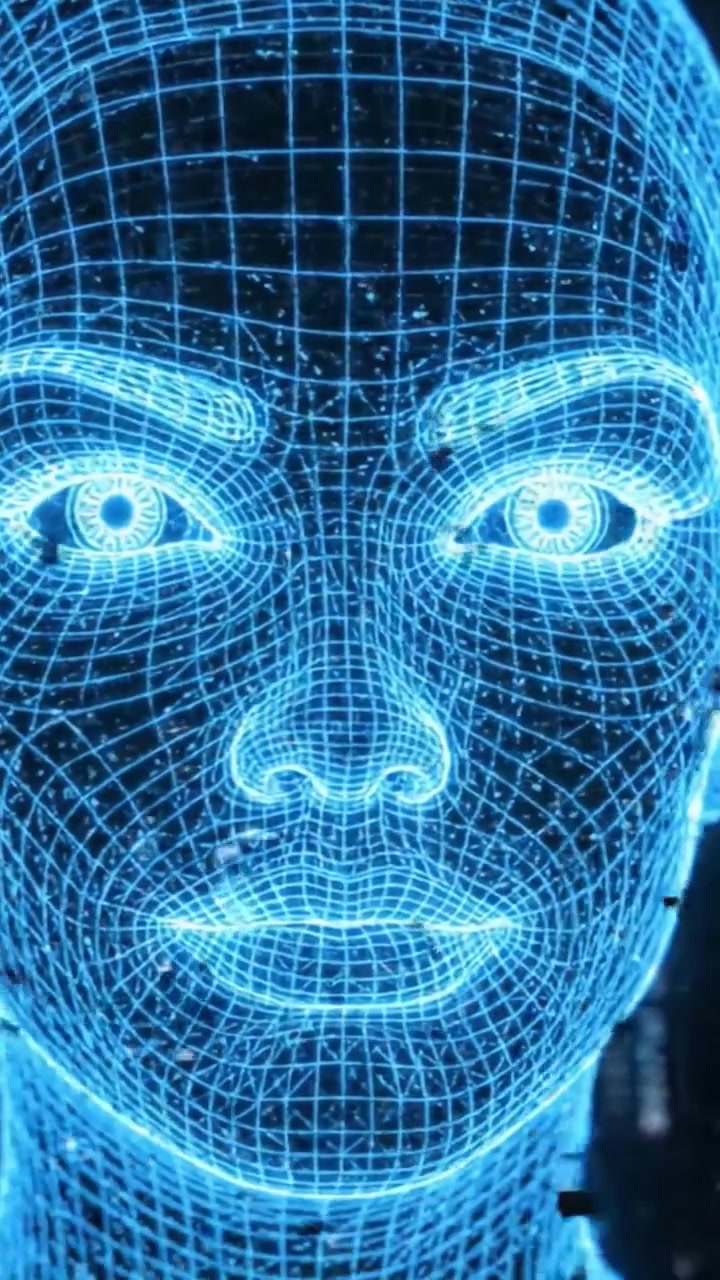 A Stunning Glimpse into Digital Realism: A Virtual Representation of a Human Face in Wireframe Style, Illuminated by a Soft Blue Glow, Captivating and Thought-Provoking