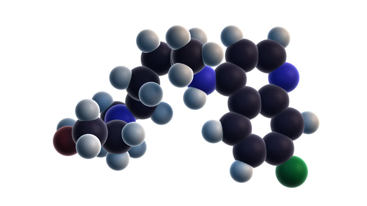 코로나19 (코로나바이러스, sars-cov-2) 치료의 잠재력, 투명한 배경에 무한한 무결한 루프로 회전하는 하이드록시클로로 분자의 3d 렌더링