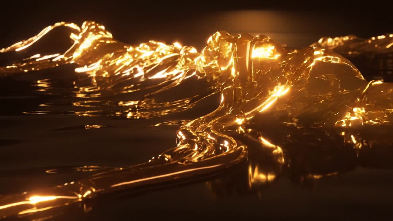 Gratbildende, zähflüssige goldene Flüssigkeit breitet sich auf einer dunklen, spiegelnden Wasserfläche aus und fängt warme Glanzlichter ein.