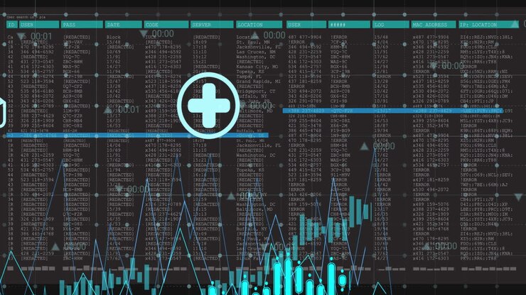 Animation of business icons and digital data processing over computer screens