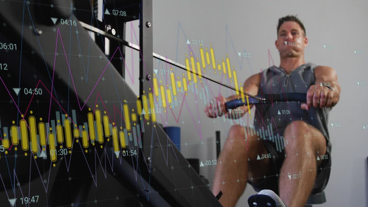 Man gripping handle starting drive, driving legs, pulling while charts showing fitness over subject