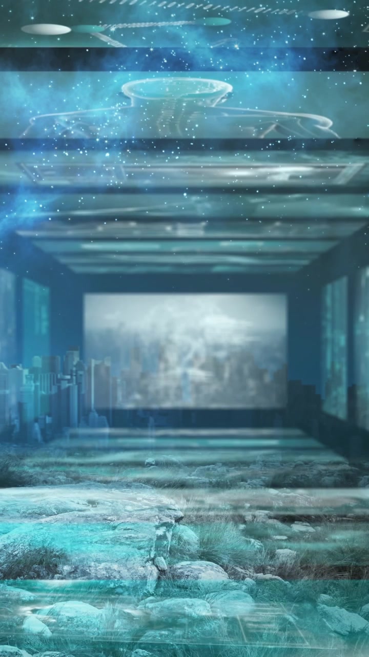 Digital composite video of screens with data processing against cityscape