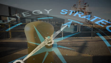 animation of compass spinning and strategy text over shipyard