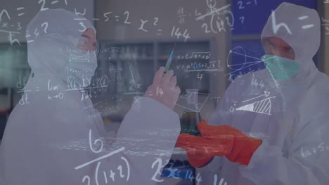 Animation of mathematical equations over diverse scientist in lab cityscape