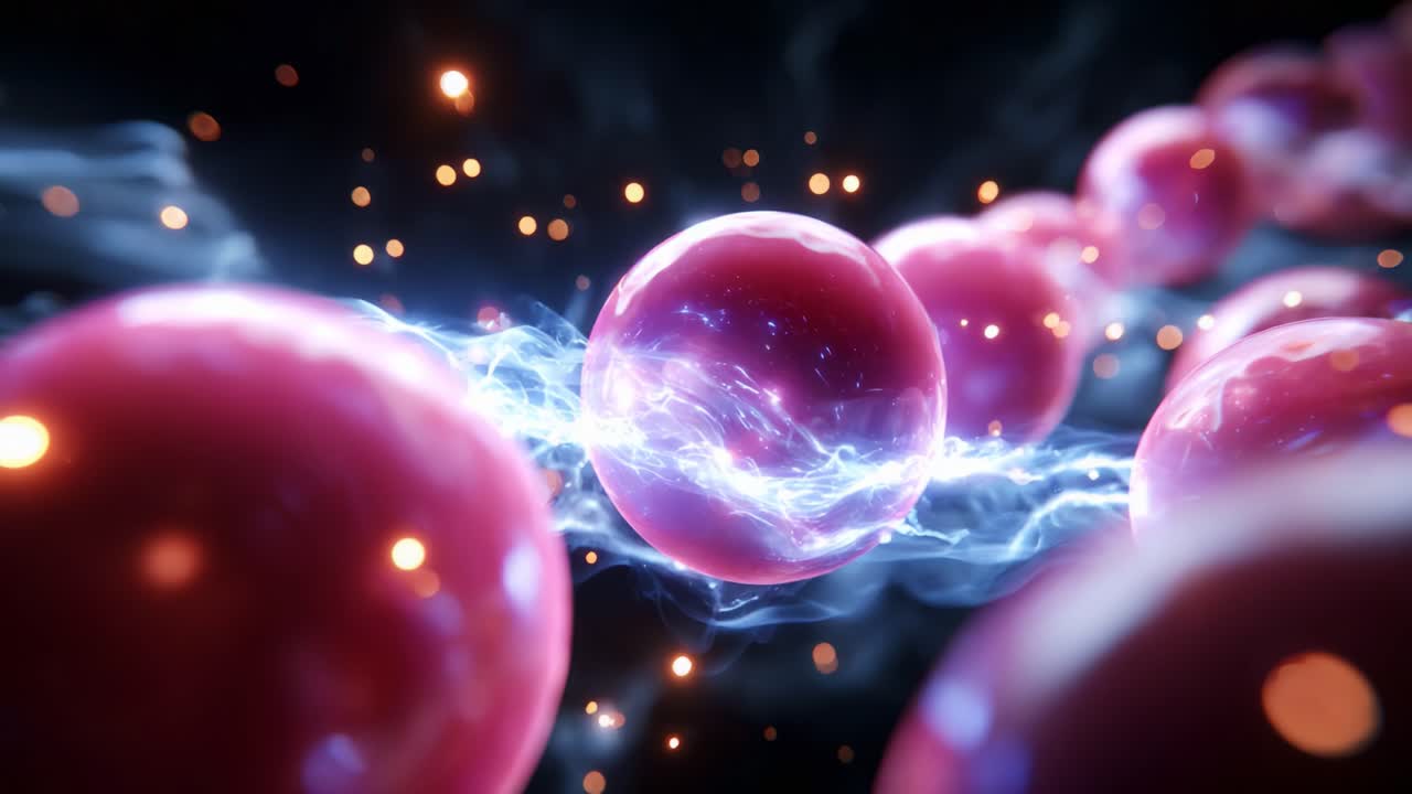 A Stunning Visualization of Electrically Charged Spheres Streaming Through a Dark Medium, Highlighting the Dynamic Energy Exchange and Interaction Between the Vibrant Orbs and Their Surroundings