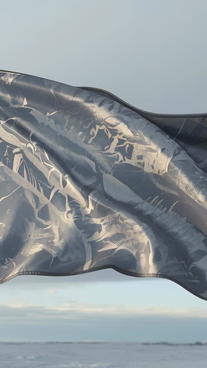 Video verticale: ampio tessuto scuro e trasparente che fluttua nel vento sopra l'orizzonte del mare con la luce del sole che lo illumina