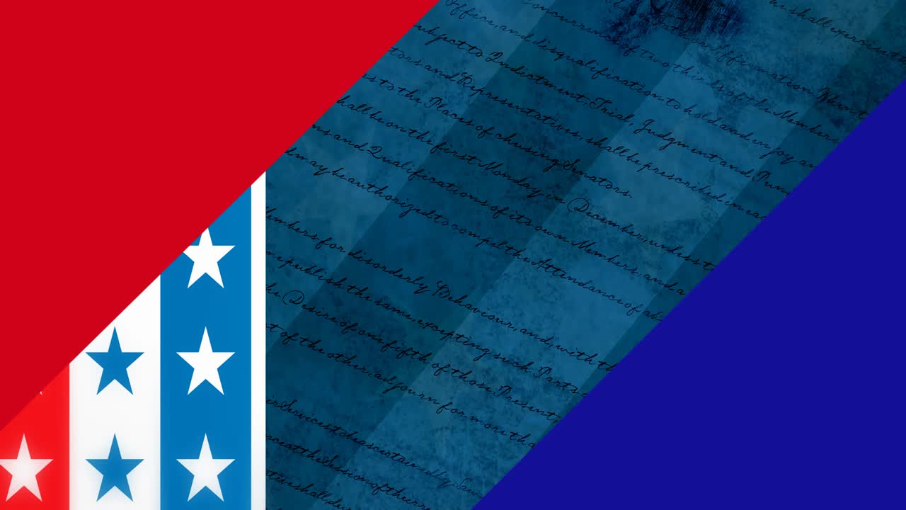 미국 국기의 별과 줄무 ⁇ 의 애니메이션과 헌법 텍스트가 배경입니다.