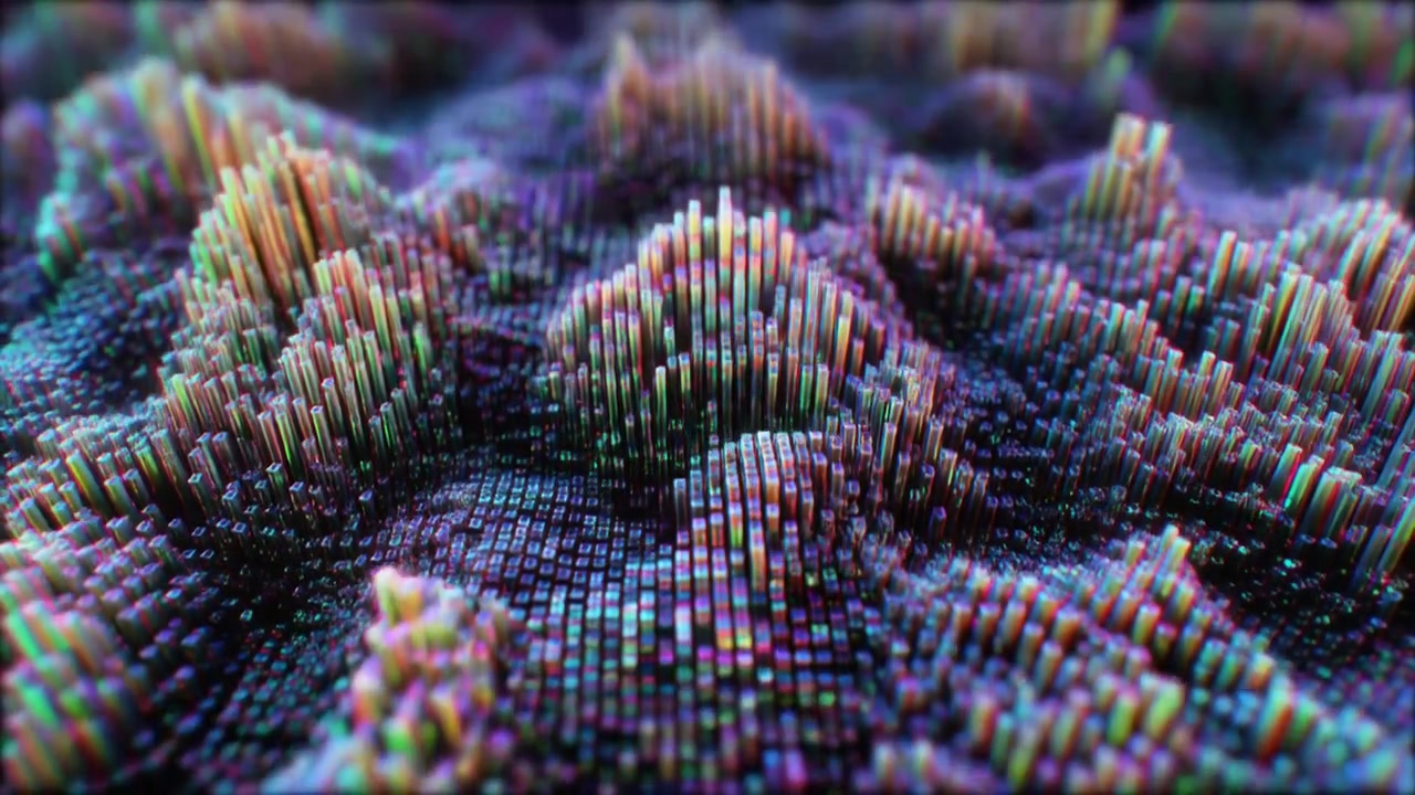 Abstract Digital Landscape with Moving Colorful Data Pillars