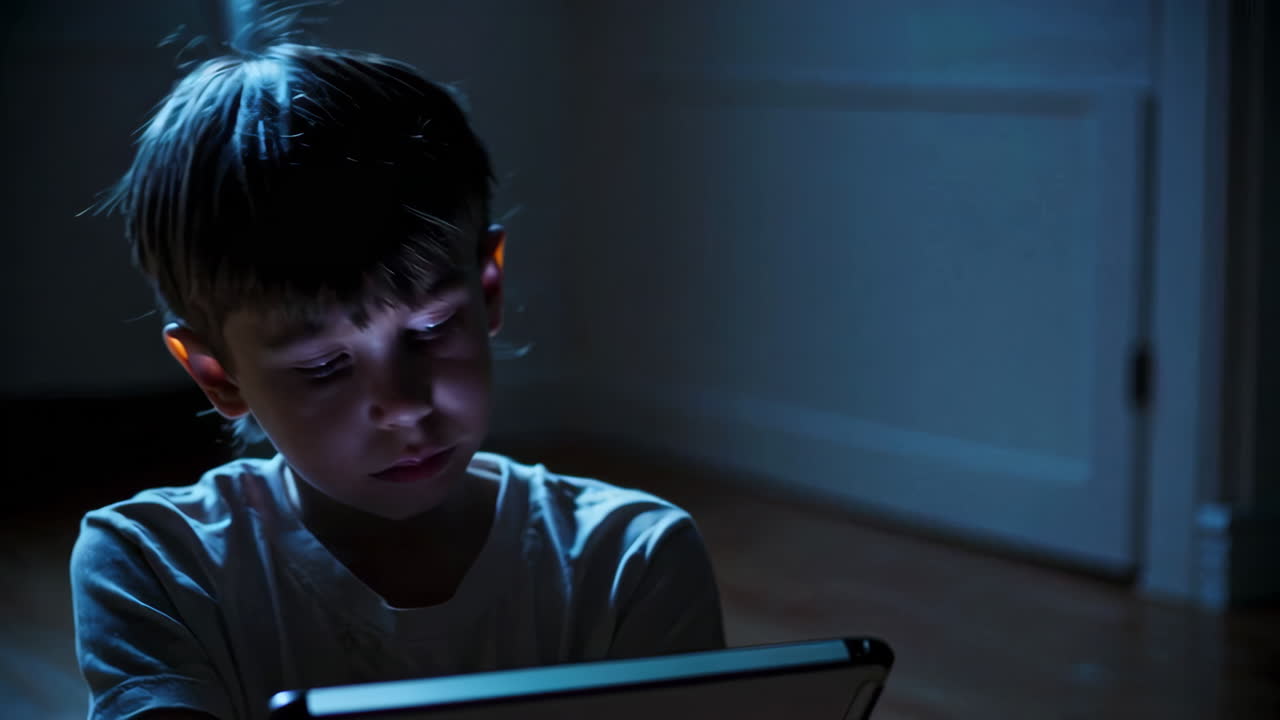 Boy using tablet at night