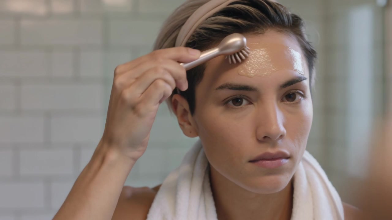 Applicando siero, donna avvolta in un asciugamano che fa scorrere un rullo metallico sulla fronte davanti allo specchio del bagno per assorbire