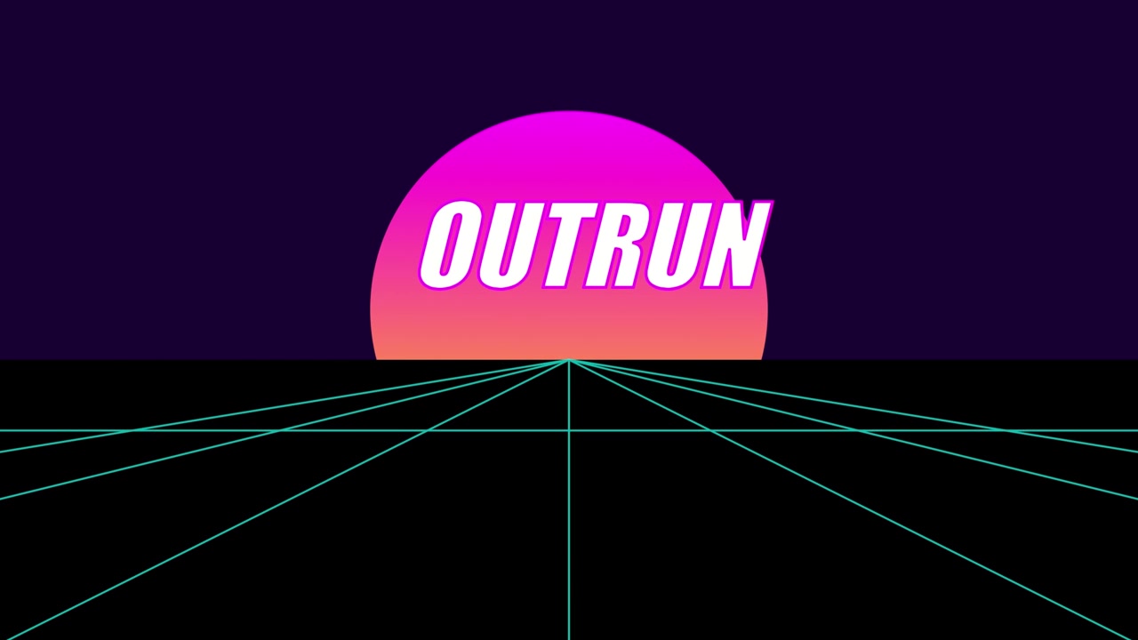 Rendering 3D di un paesaggio retrò in stile outrun con griglia al neon e tramonto luminoso su sfondo scuro, che crea un'animazione synthwave progettata per effetti visivi futuristici e sovrapposizioni video.